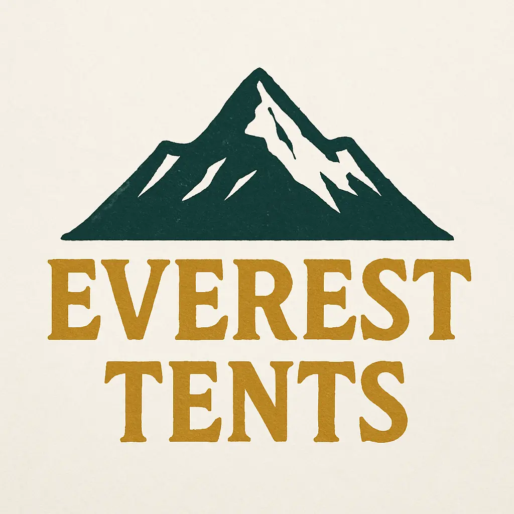 Logo for Everest Tents featuring bold lettering and a rugged Everest mountain silhouette
