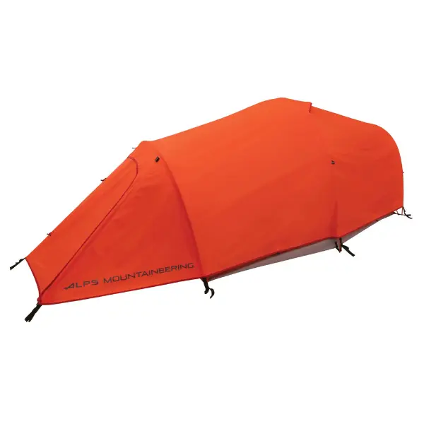 ALPS Mountaineering Tasmanian 3 orange and gray tent, providing budget-friendly four-season protection for extreme conditions.