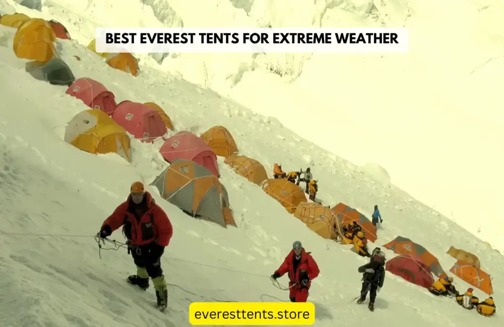 Mountaineers climbing through deep snow with high-altitude expedition tents pitched on steep terrain at Everest, showcasing the best tents for extreme weather.