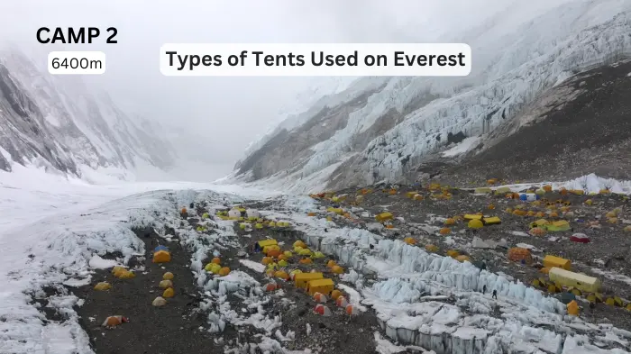 Camp 2 on Mount Everest at 6,400m, featuring various high-altitude expedition tents set up on rocky and icy terrain.
