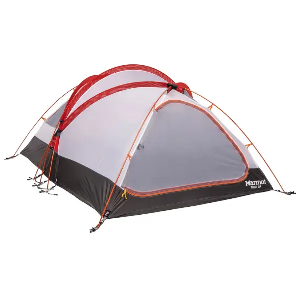 Marmot Thor 3P geodesic dome tent in red and white, built for high-altitude camping and extreme cold conditions.