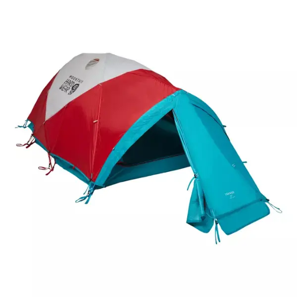 Mountain Hardwear Trango 2 red and blue four-season tent, designed for harsh winds and snowy expeditions.