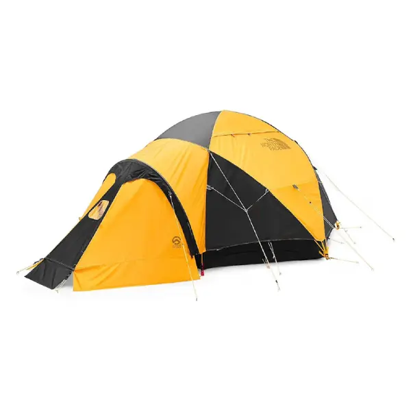 The North Face VE 25 black and yellow geodesic tent, built for high-altitude expeditions and extreme cold weather.