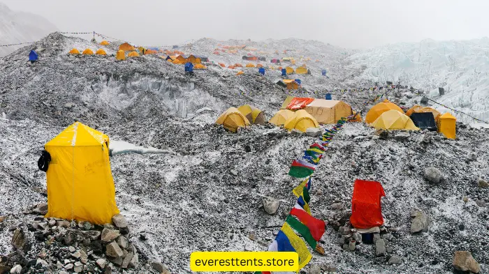 Various types of tents setup at Everest Base Camp on rocky, snow-covered terrain, illustrating different high-altitude shelter options.