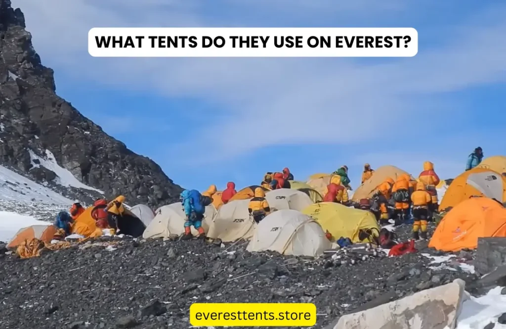 High-altitude expedition tents at Everest, surrounded by climbers in extreme weather conditions.